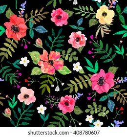 Seamless floral  background. Isolated red flowers and leaves drawn watercolor on black background. Watercolor flowers handmade. Beautiful red roses. Summer flowers. Vector illustration. 