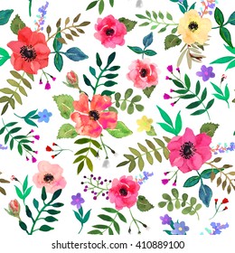 Seamless floral  background. Isolated red flowers and leaves drawn watercolor on white background. Vector illustration.