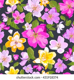 Seamless floral  background. Isolated red, yellow flowers hand drawn on gray background. Vector illustration.