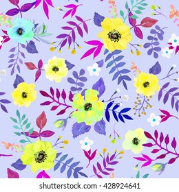 Seamless floral  background. Isolated watercolor flowers and leaves on blue background. Vector illustration.