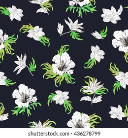 Seamless floral  background. Isolated white flowers with leaves drawn watercolor. Vector