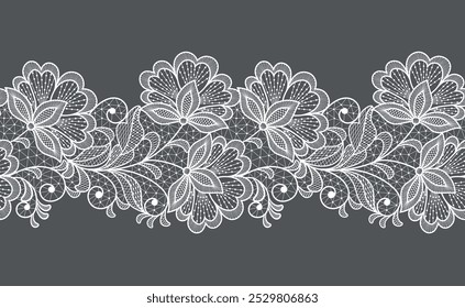 Seamless floral background with lace flowers.Vector hand made lace ribbon with flowers