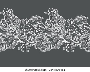 Seamless floral background with lace flowers.Vector hand made white lace ribbon with flowers