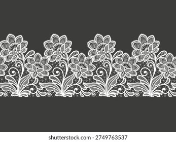 Seamless floral background with lace flowers.Vector hand made white lace ribbon with flowers