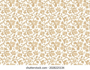 Seamless floral background. Lace texture with stylized flowering branches. Ornamental golden pattern.