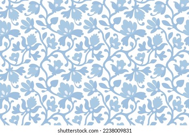 Seamless floral background. Lace texture with stylized flowering branches. Ornamental blue and white pattern.