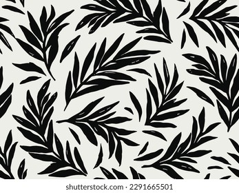 Seamless floral background with leaves. Hand drawn minimal abstract organic shapes pattern. Vector grey abstact pattern with black leaves.