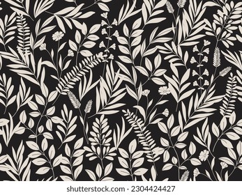 Seamless floral background with leaves. Hand drawn minimal abstract organic shapes pattern. Vector black abstact pattern with grey leaves and flowers.