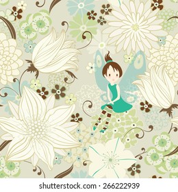 Seamless floral background and little fairy in the flowering garden  Vector illustration 