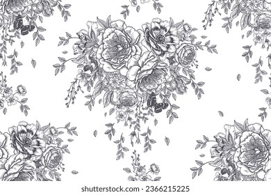 Seamless floral background. Luxurious garden flowers and leaves in the shape of a heart and a butterfly. Black and white pattern. Vector illustration. Vintage. Template for paper, wallpaper, textiles.