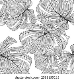 Seamless floral background with 
 monstera leaves. Romantic pattern template for wall decor.