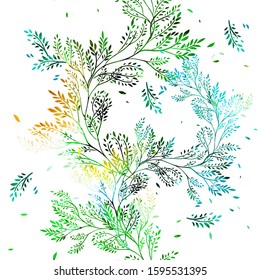 Seamless floral background. Multi-colored leaf twigs. Mixed media. ector illustration