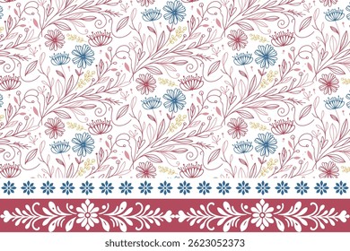 seamless floral background. one line embroidery petals. border sketch design. hand drawn repeat pattern. textile texture elements. modern botanical artwork

