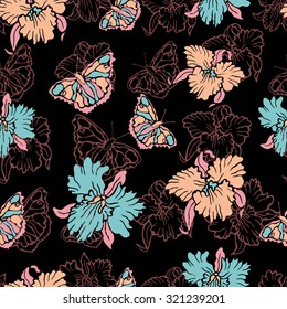 Seamless floral background with orchids and butterflies.