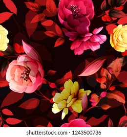 Seamless floral background pattern. Abstract red and yellow flowers with branches and leaves on dark red. Pattern for textile, fabric and other prints purpose. Hand drawn artwork, vector wallpaper.