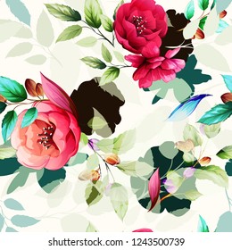 Seamless floral background pattern. Abstract red flowers with branches and leaves on white. Pattern for textile, fabric and other prints purpose. Hand drawn artwork, vector wallpaper.