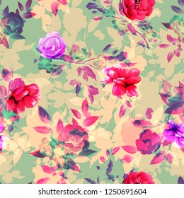 Seamless floral background pattern. Abstract red flowers with branches and sakura on pastel. Pattern for textile, fabric and other prints purpose. Hand drawn artwork, vector wallpaper.