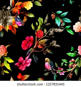 Seamless floral background pattern. Abstract flower, bird (red-breasted petroika), leaves and branches with cocoa beans on black. Artwork for desing, textile, fabric and other purpose.
