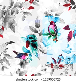 Seamless floral background pattern. Abstract flowers with bird (red-breasted petroika), leaves and branches. Black and white hand drawn version. Artwork for desing, textile, fabric and other purpose.