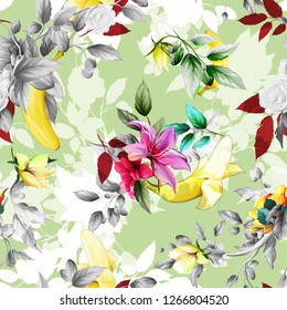 Seamless floral background pattern. Abstract red flowers with branches, sakura and banana behind on light green. Pattern for textile, fabric and other prints purpose. Hand drawn artwork, vector.