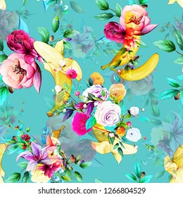 Seamless floral background pattern. Abstract red flowers with branches, sakura and banana behind on blue. Pattern for textile, fabric and other prints purpose. Hand drawn artwork, vector wallpaper.