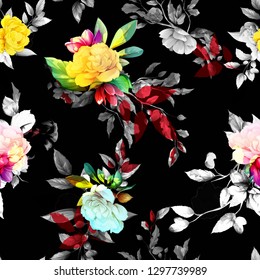 Seamless floral background pattern. Abstract flowers, peony and leaves on black. Pattern for textile, fabric and other prints purpose. Hand drawn vector - stock.
