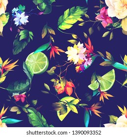 Seamless floral background pattern. Abstract flowers, tropical leaf, branches with lime fruit on dark. Pattern for textile, fabric and other prints purpose. Hand drawn artwork, vector wallpaper.