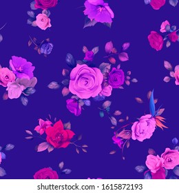 Seamless floral background pattern. Abstract flowers roses, branches with leaves on purple. Pattern for textile, fabric and other prints purpose. Hand drawn artwork illustration, vector wallpaper.