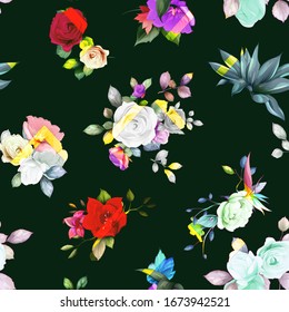 Patrón de fondo floral impecable. Flores abstractas, rosas, peones, ramas con hojas en negro. Patrón para textil, tela y otras impresiones. Dibujo manual, papel tapiz vectorial.