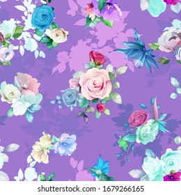 Seamless floral background pattern. Abstract flowers, roses, peony, branches with leaves on violet. Pattern for textile, fabric and other prints purpose. Hand drawn artwork, vector wallpaper.