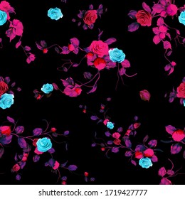 
Seamless floral background pattern. Abstract flowers, blue roses, cranberry, branches with leaves on black. Pattern for textile, fabric and other prints purpose. Hand drawn artwork, vector wallpaper.