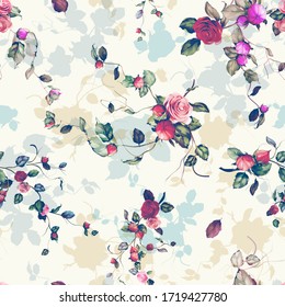 Patrón de fondo floral impecable. Flores abstractas, rosas, arándanos, ramas con hojas sobre blanco. Patrón para textil, tela y otras impresiones. Dibujo manual, papel tapiz vectorial.