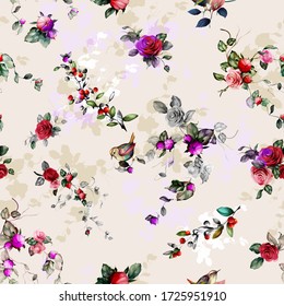 
Seamless floral background pattern. Abstract flowers, roses, cranberry with birds on light. Hand drawn artwork, vector wallpaper.