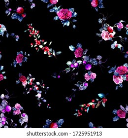 Seamless floral background pattern. Abstract flowers, roses, cranberry with branches and leaves on dark. Pattern for textile, fabric and other prints purpose. Hand drawn artwork, vector wallpaper.