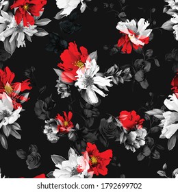 Seamless floral background pattern. Abstract flowers peony, branches with leaves on black. Pattern for textile, fabric and other prints purpose. Hand drawn artwork, vector wallpaper.