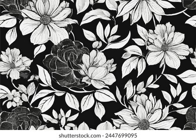 Seamless floral background. Floral pattern. Black and white seamless floral pattern. Black paint vector illustration with abstract floral art. Textiles, paper, wallpaper decoration. Vintage background