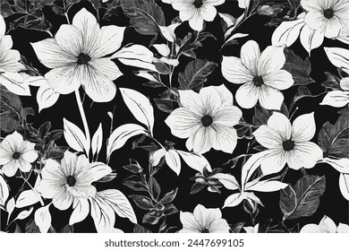 Seamless floral background. Floral pattern. Black and white seamless floral pattern. Black paint vector illustration with abstract floral art. Textiles, paper, wallpaper decoration. Vintage background