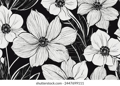 Seamless floral background. Floral pattern. Black and white seamless floral pattern. Black paint vector illustration with abstract floral art. Textiles, paper, wallpaper decoration. Vintage background