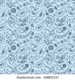 Seamless floral background pattern in blue ink