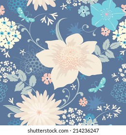 Seamless floral background. Pattern with decorative flowers and butterflies. Vector illustration.