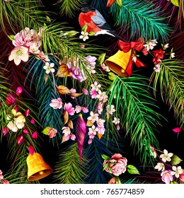 Seamless floral background pattern. Fir branch, flowers, with bullfinch, bell and toys around. Hand drawn, vector - stock.