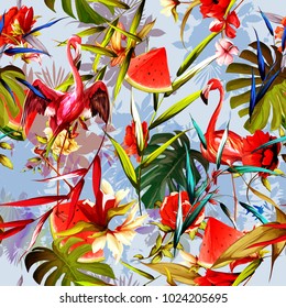 
Seamless floral background pattern. Flamingo, watermelon, wild flowers, tropic leaf on blue. Abstract, hand drawn. Watercolor.
