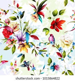 Seamless floral background pattern. Flax bud, magnolia, gladiolus, peony with birds on pastel. Watercolor. Hand drawn. vector - stock.