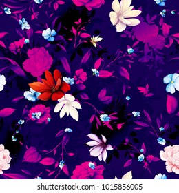 Seamless floral background pattern. Flowers magnolia, flax bud, peony on lilac dark. Watercolor. Hand drawn. vector - stock.