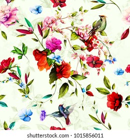 Patrón de fondo floral impecable. Flores gladiolus, brotes de lino, hojas y pájaros sobre blanco. Dibujado a mano. vectorial - stock.