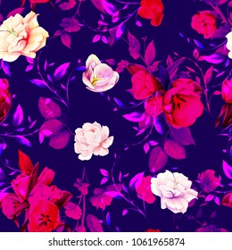 Seamless floral background pattern. Flowers tulips with leaves and gladiolus. Hand drawn illustration on black. Vector - stock.