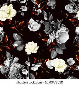 Seamless floral background pattern. Flowers tulips with peony, leaves and gladiolus. Hand drawn black and white illustration on dark. Vector - stock.