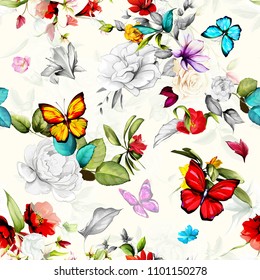 Seamless floral background pattern. Flowers roses, wild rosemary, peony with leaf and butterfly around on light green. Abstract hand drawn vector illustration.