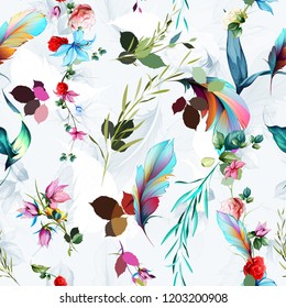 Seamless floral background pattern. Flowers roses with feather and leaves on white. Abstract art for textile, fabric and other prints purpose. Hand drawn artwork, vector - stock.