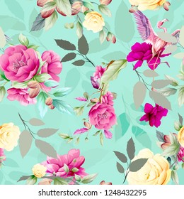 Nahtlose, florale Hintergrundmuster. с mit Blumen, Blättern und Flamingo. Abstrakte Kunstwerke für Textil-, Stoff- und andere Druckzwecke. Handgezeichnete Vektorgrafik - Stock.